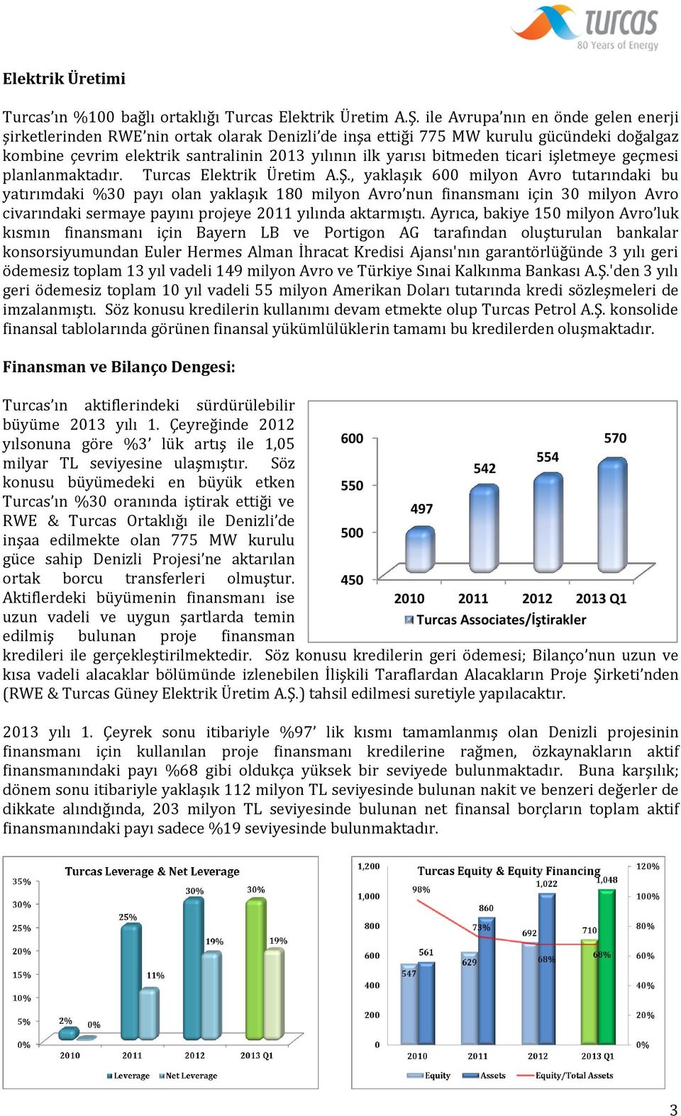 ticari işletmeye geçmesi planlanmaktadır. Turcas Elektrik Üretim A.Ş.