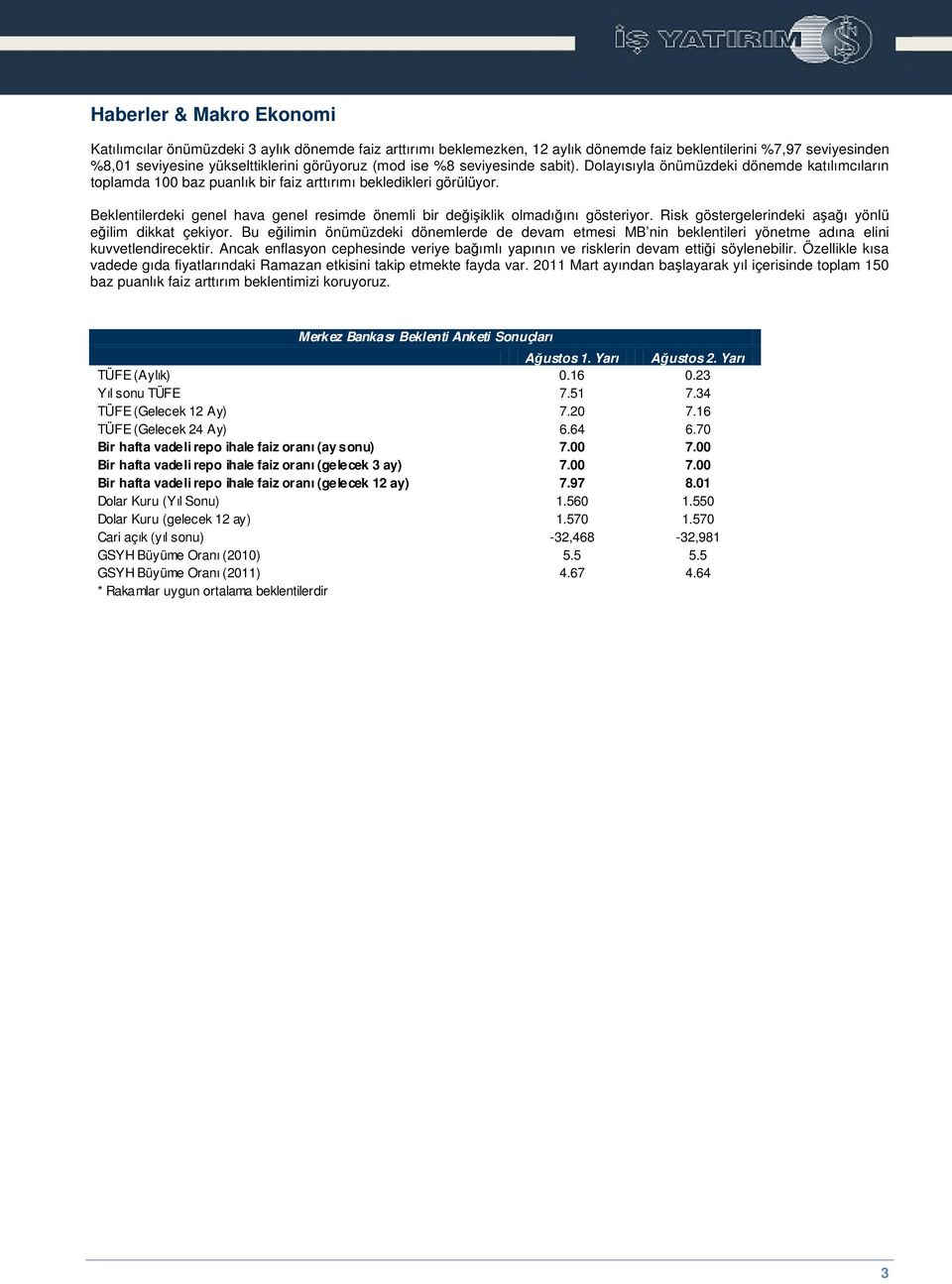 Beklentilerdeki genel hava genel resimde önemli bir deiiklik olmadıını gösteriyor. Risk göstergelerindeki aaı yönlü eilim dikkat çekiyor.