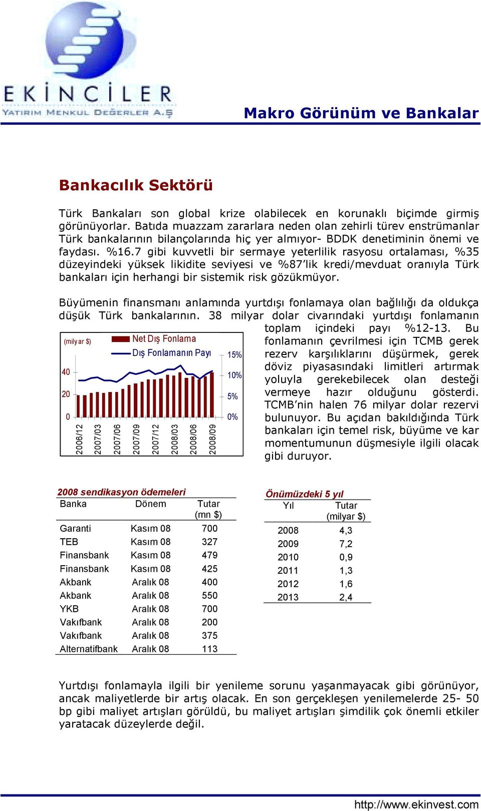 7 gibi kuvvetli bir sermaye yeterlilik rasyosu ortalamasõ, %35 düzeyindeki yüksek likidite seviyesi ve %87 lik kredi/mevduat oranõyla Türk bankalarõ için herhangi bir sistemik risk gözükmüyor.