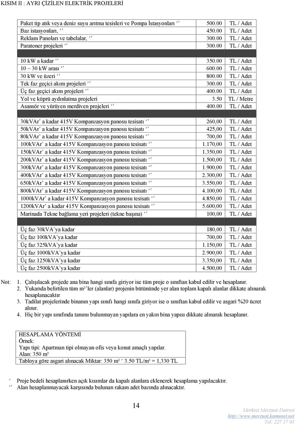 00 TL / Adet Üç faz geçici akım projeleri 400.00 TL / Adet Yol ve köprü aydınlatma projeleri 3.50 TL / Metre Asansör ve yürüyen merdiven projeleri 400.