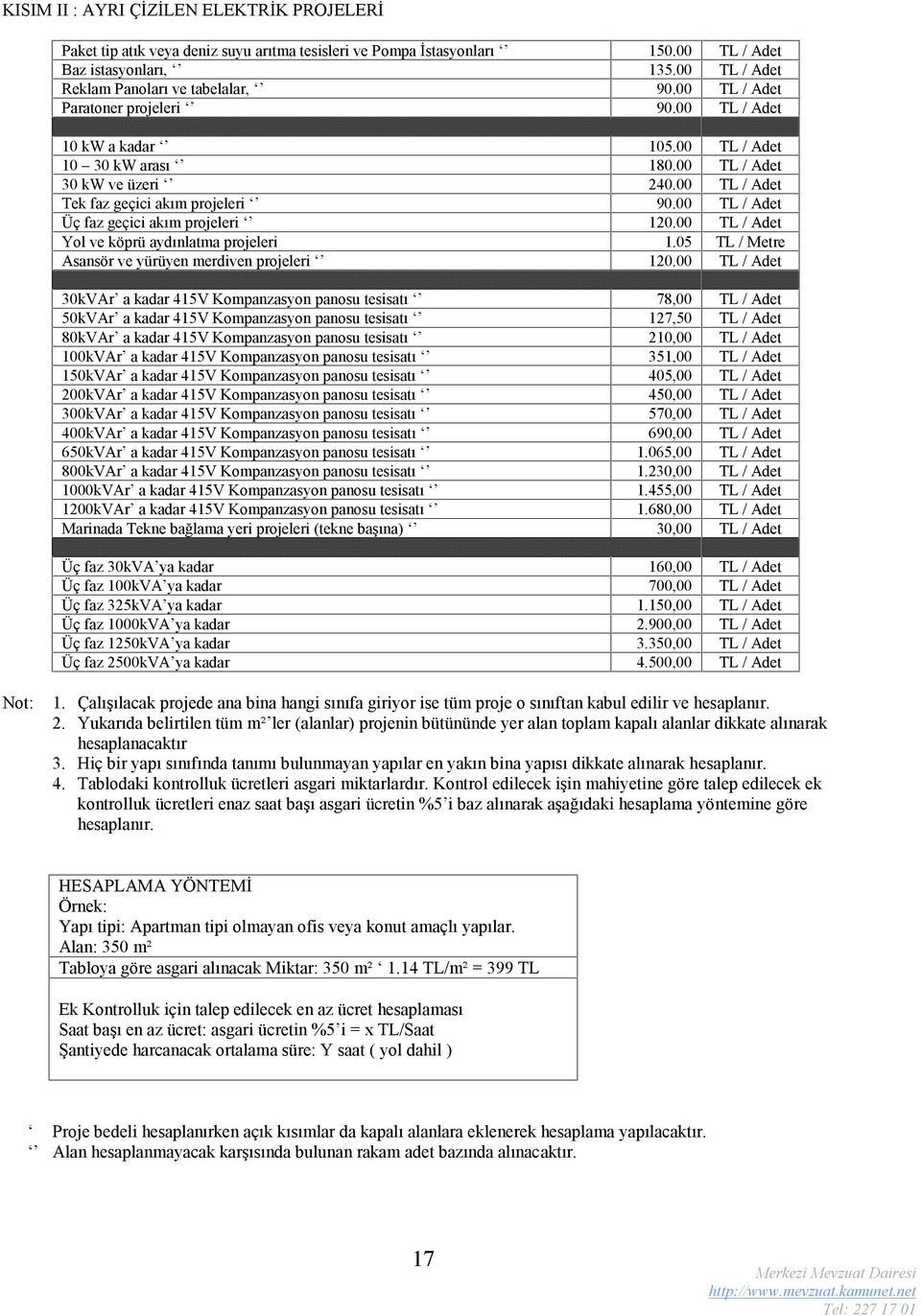 00 TL / Adet Üç faz geçici akım projeleri 120.00 TL / Adet Yol ve köprü aydınlatma projeleri 1.05 TL / Metre Asansör ve yürüyen merdiven projeleri 120.