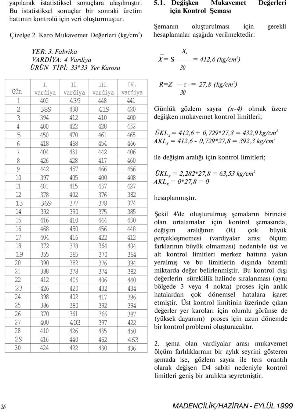 Değişken Mukavemet Değerleri için Kontrol Şeması Şemanın oluşturulması için gerekli hesaplamalar aşağıda verilmektedir: _ X, X = S = 412,6 (kg/cm 2 ) 30 Gün 1 2 3 4 5 6 7 8 9 10 11 12 13 14 15 16 17
