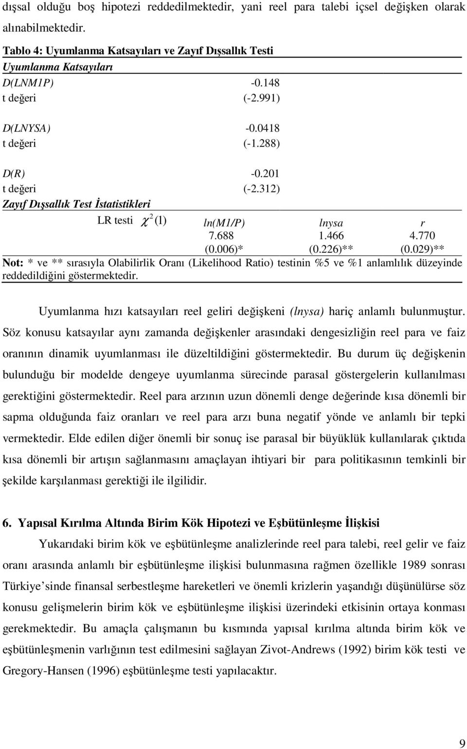 029)** Not: * ve ** sırasıyla Olabilirlik Oranı (Likelihood Ratio) testinin %5 ve % anlamlılık düzeyinde reddedildiğini göstermektedir.