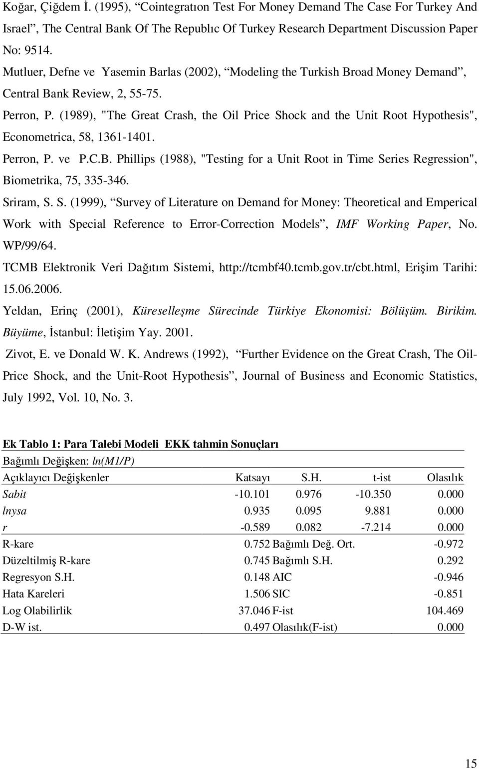 (989), "The Great Crash, the Oil Price Shock and the Unit Root Hypothesis", Econometrica, 58, 36-40. Perron, P. ve P.C.B.