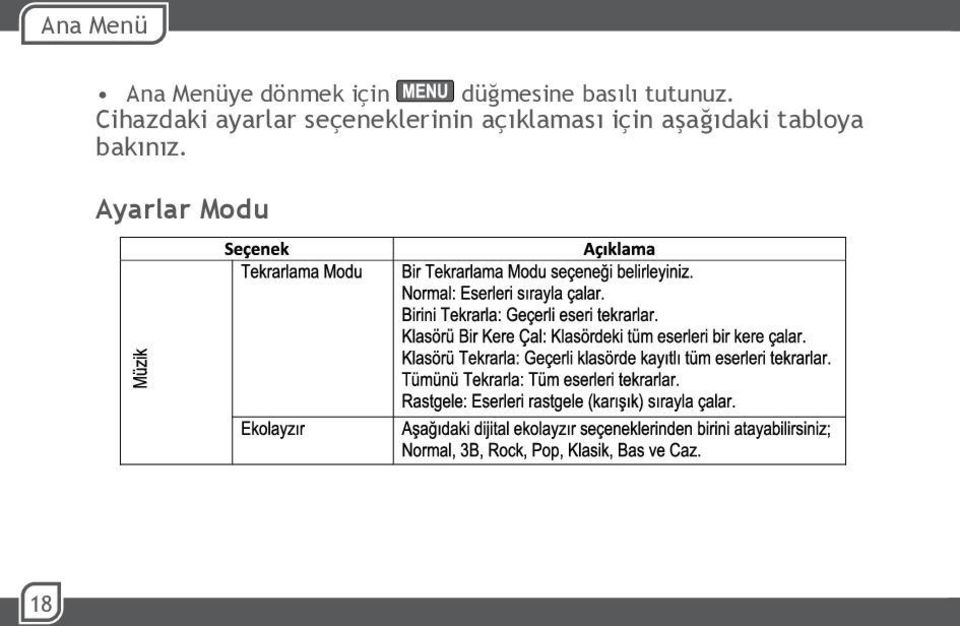 Cihazdaki ayarlar seçeneklerinin