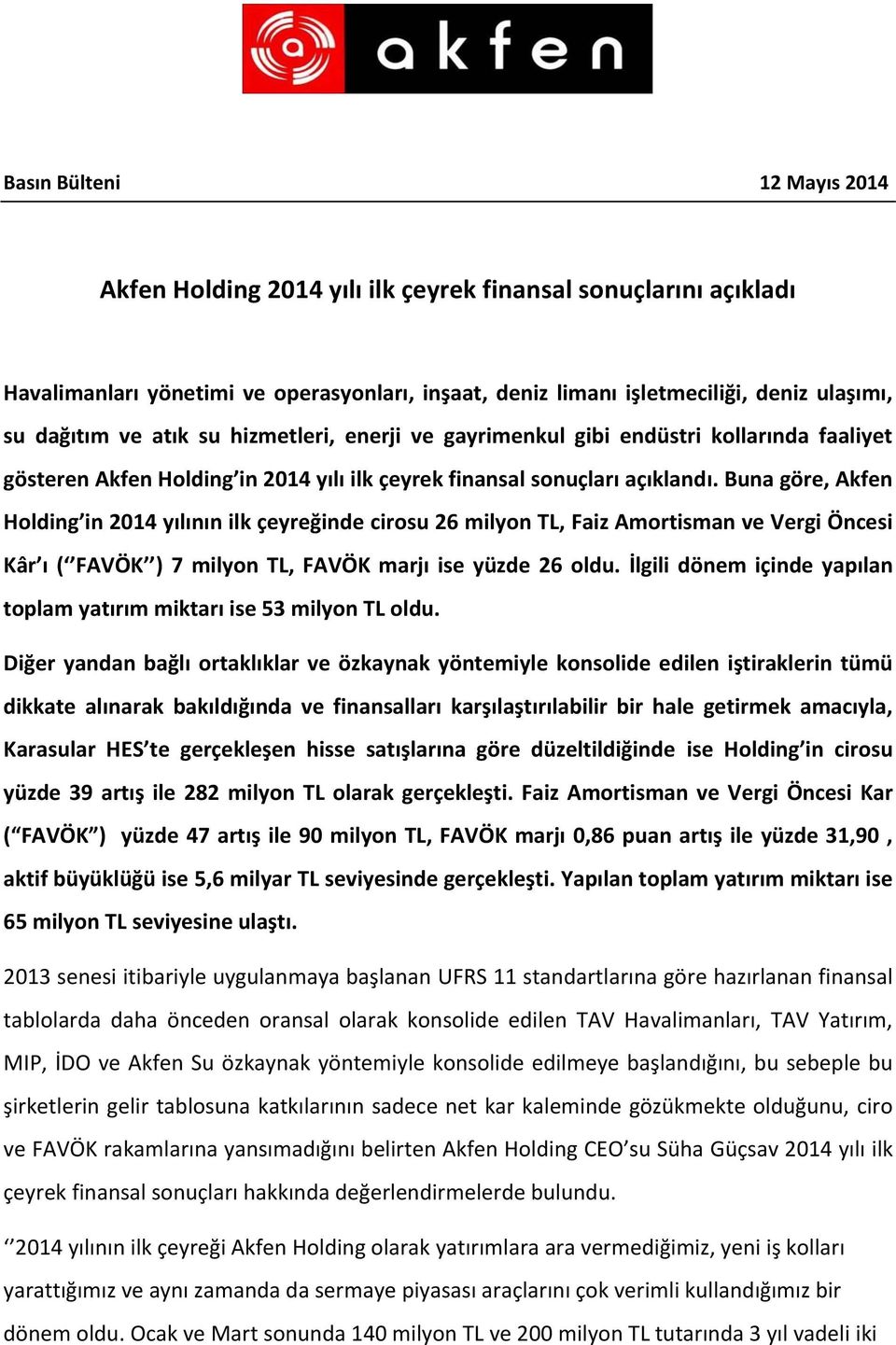 Buna göre, Akfen Holding in 2014 yılının ilk çeyreğinde cirosu 26 milyon TL, Faiz Amortisman ve Vergi Öncesi Kâr ı ( FAVÖK ) 7 milyon TL, FAVÖK marjı ise yüzde 26 oldu.
