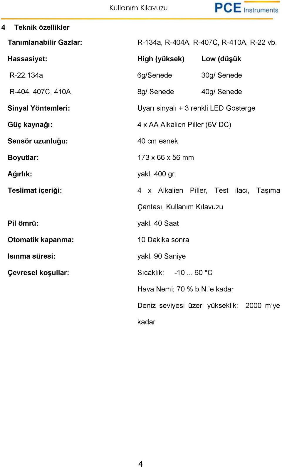 sinyalı + 3 renkli LED Gösterge 4 x AA Alkalien Piller (6V DC) 40 cm esnek 173 x 66 x 56 mm yakl. 400 gr.