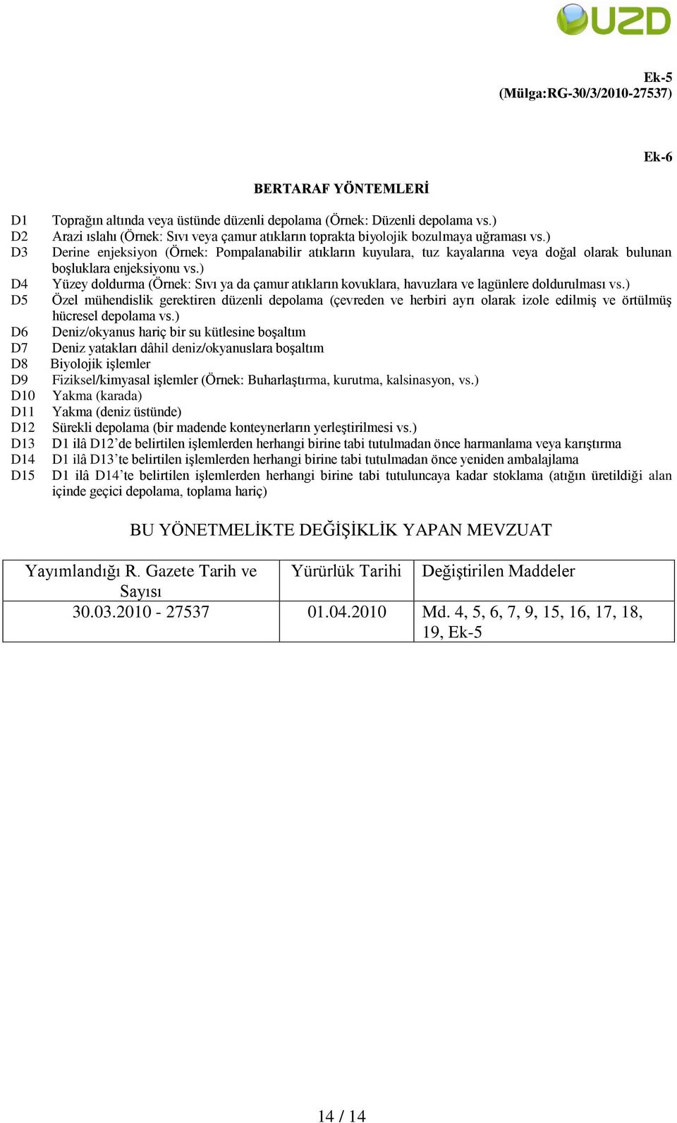 ) Derine enjeksiyon (Örnek: Pompalanabilir atıkların kuyulara, tuz kayalarına veya doğal olarak bulunan boşluklara enjeksiyonu vs.