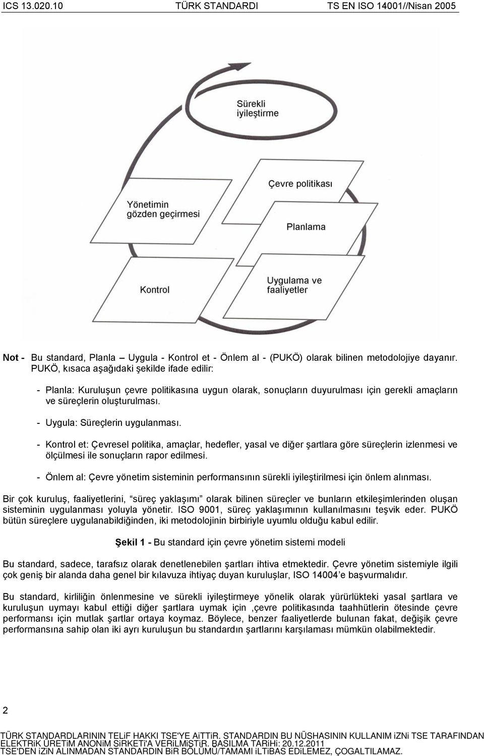 - Uygula: Süreçlerin uygulanması. - Kontrol et: Çevresel politika, amaçlar, hedefler, yasal ve diğer şartlara göre süreçlerin izlenmesi ve ölçülmesi ile sonuçların rapor edilmesi.