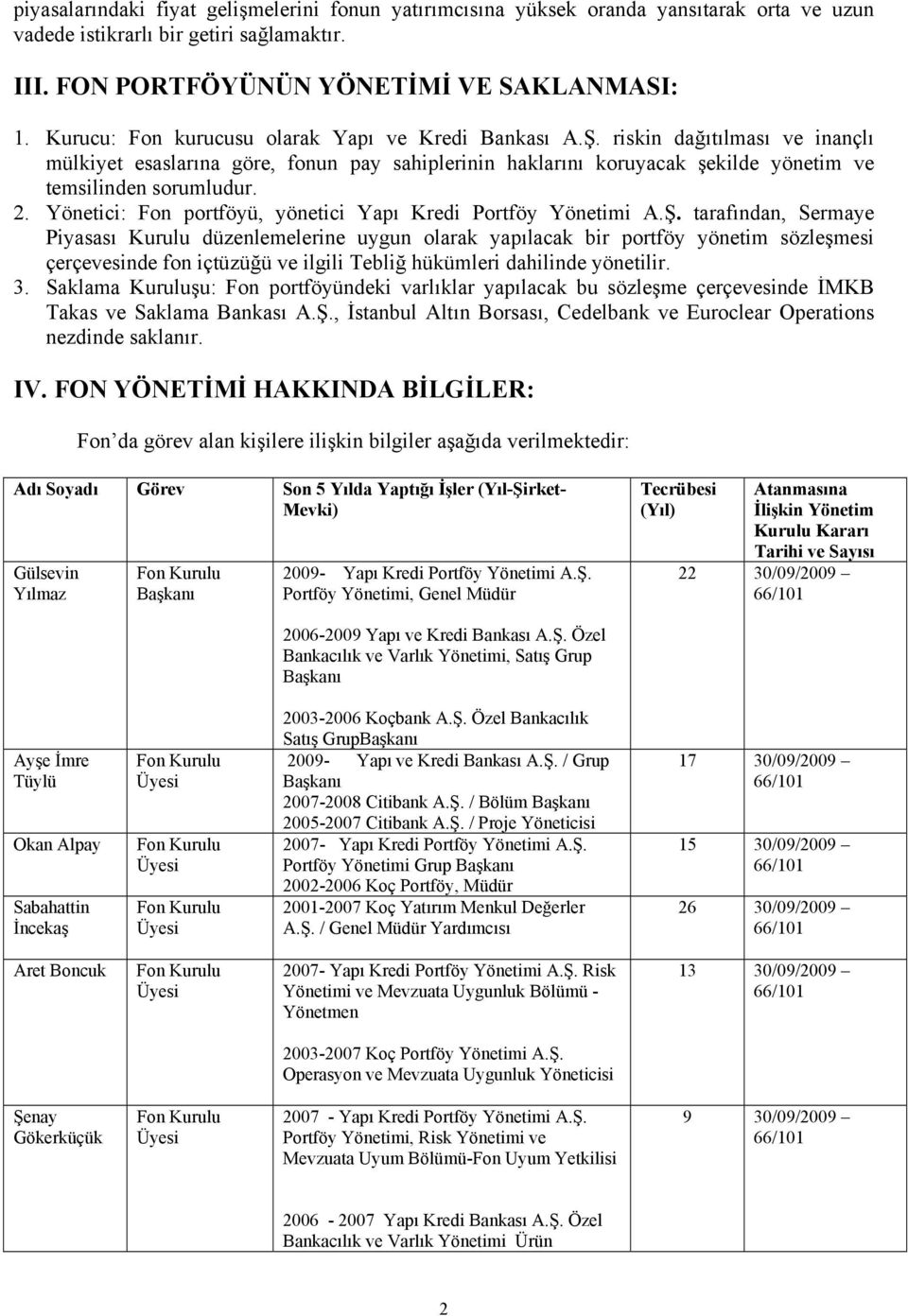 Yönetici: Fon portföyü, yönetici Yapı Kredi Portföy Yönetimi A.Ş.