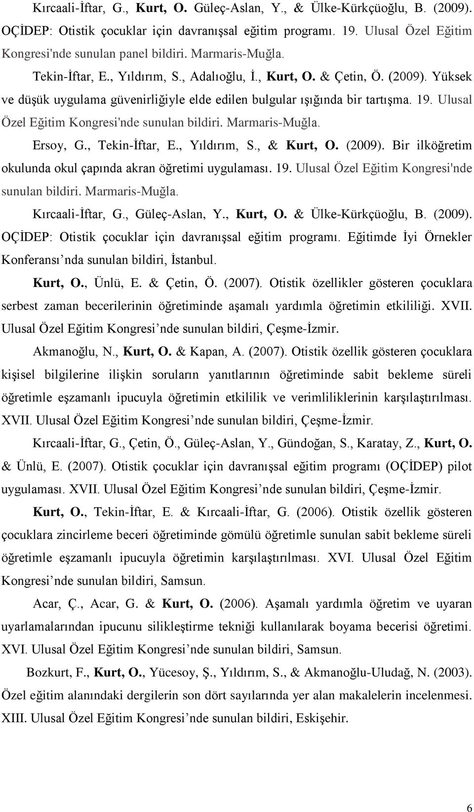 Ulusal Özel Eğitim Kongresi'nde sunulan bildiri. Marmaris-Muğla. Ersoy, G., Tekin-İftar, E., Yıldırım, S., & Kurt, O. (2009). Bir ilköğretim okulunda okul çapında akran öğretimi uygulaması. 19.