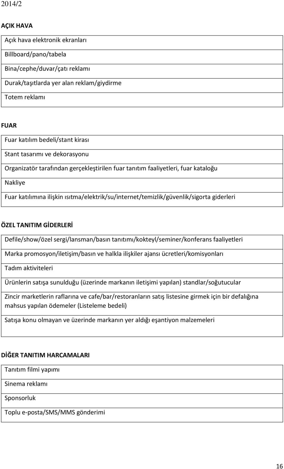 giderleri ÖZEL TANITIM GİDERLERİ Defile/show/özel sergi/lansman/basın tanıtımı/kokteyl/seminer/konferans faaliyetleri Marka promosyon/iletişim/basın ve halkla ilişkiler ajansı ücretleri/komisyonları