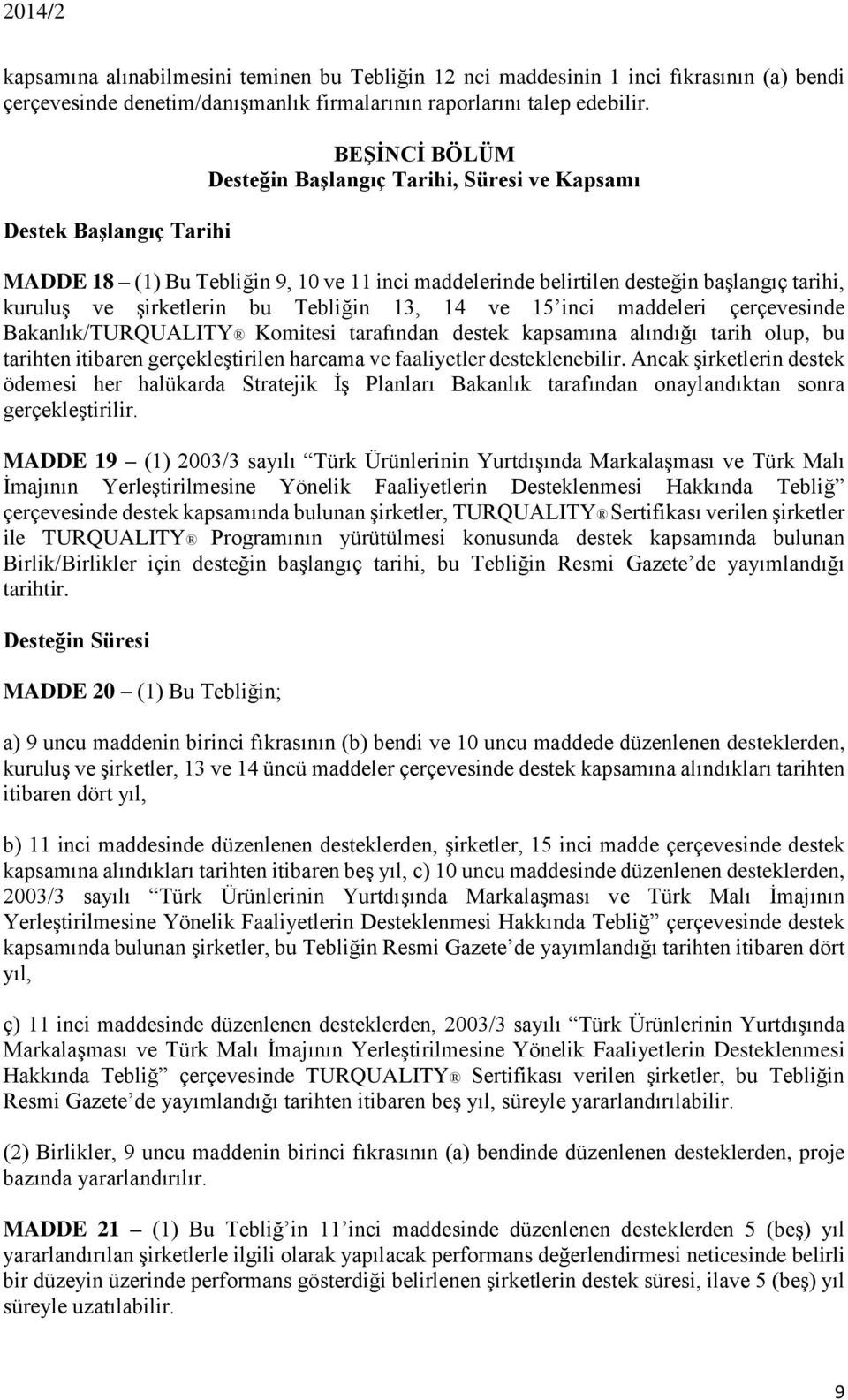 bu Tebliğin 13, 14 ve 15 inci maddeleri çerçevesinde Bakanlık/TURQUALITY Komitesi tarafından destek kapsamına alındığı tarih olup, bu tarihten itibaren gerçekleştirilen harcama ve faaliyetler