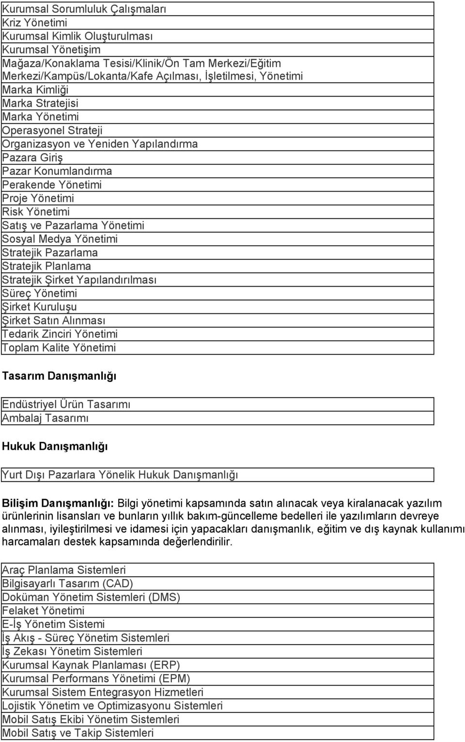 ve Pazarlama Yönetimi Sosyal Medya Yönetimi Stratejik Pazarlama Stratejik Planlama Stratejik Şirket Yapılandırılması Süreç Yönetimi Şirket Kuruluşu Şirket Satın Alınması Tedarik Zinciri Yönetimi