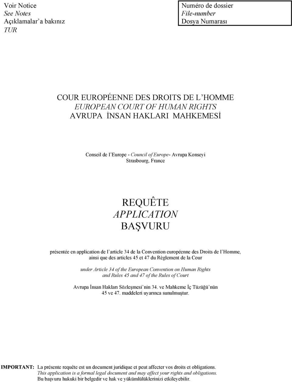 ainsi que des articles 45 et 47 du Règlement de la Cour under Article 34 of the European Convention on Human Rights and Rules 45 and 47 of the Rules of Court Avrupa İnsan Hakları Sözleşmesi nin 34.