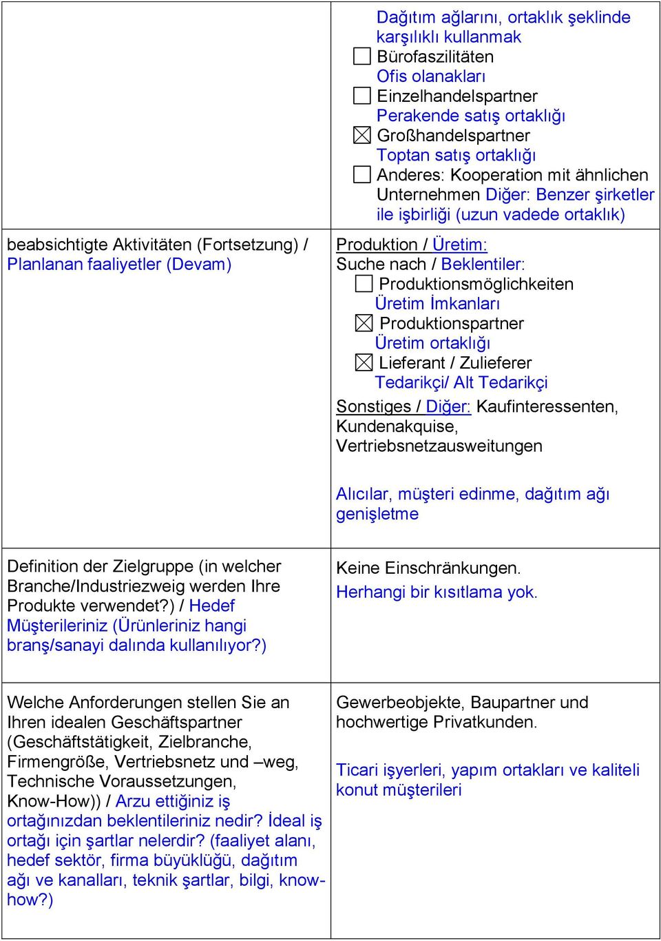 Beklentiler: Produktionsmöglichkeiten Üretim İmkanları Produktionspartner Üretim ortaklığı Lieferant / Zulieferer Tedarikçi/ Alt Tedarikçi Sonstiges / Diğer: Kaufinteressenten, Kundenakquise,