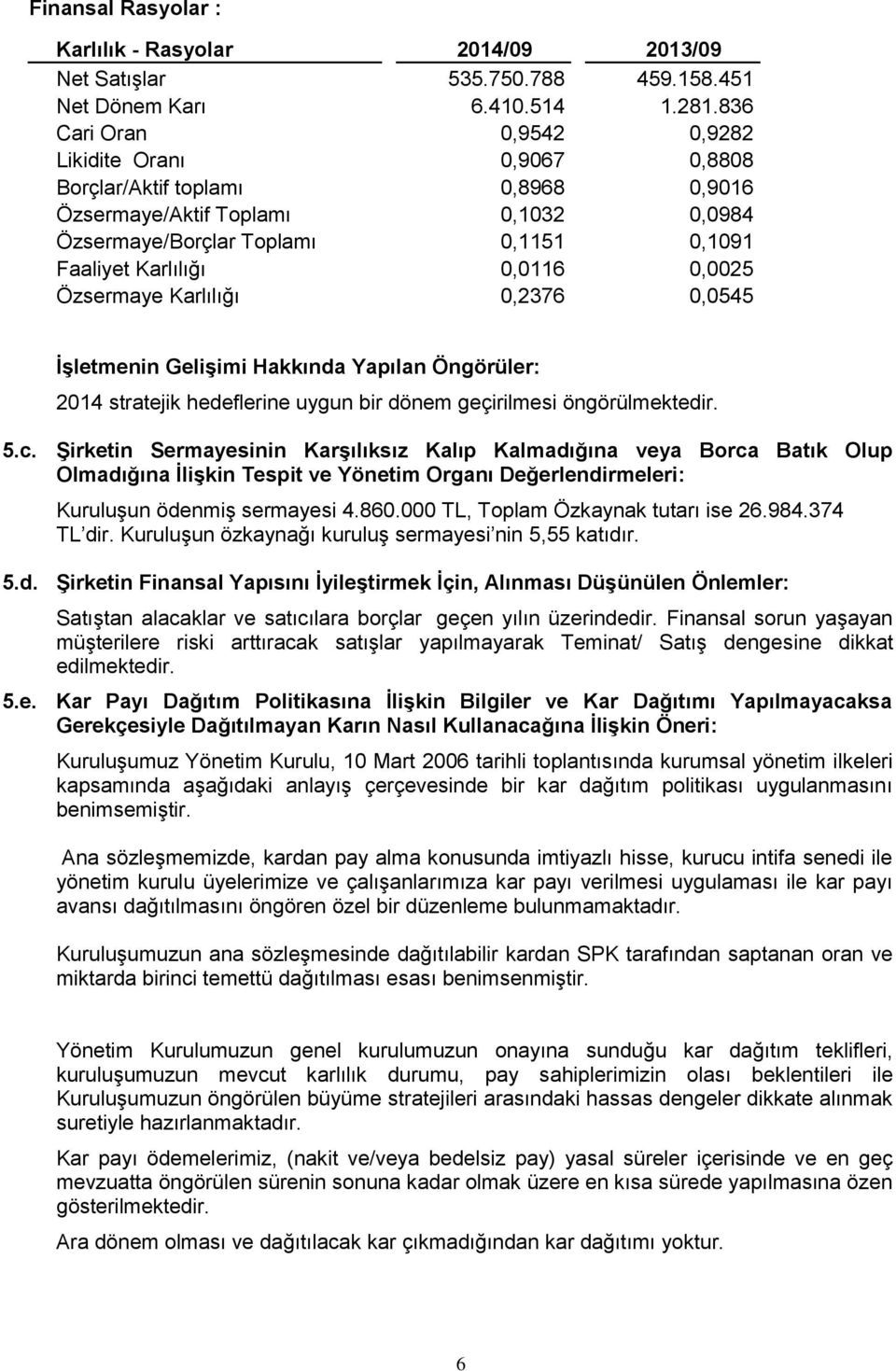 0,0025 Özsermaye Karlılığı 0,2376 0,0545 İşletmenin Gelişimi Hakkında Yapılan Öngörüler: 2014 stratejik hedeflerine uygun bir dönem geçirilmesi öngörülmektedir. 5.c.