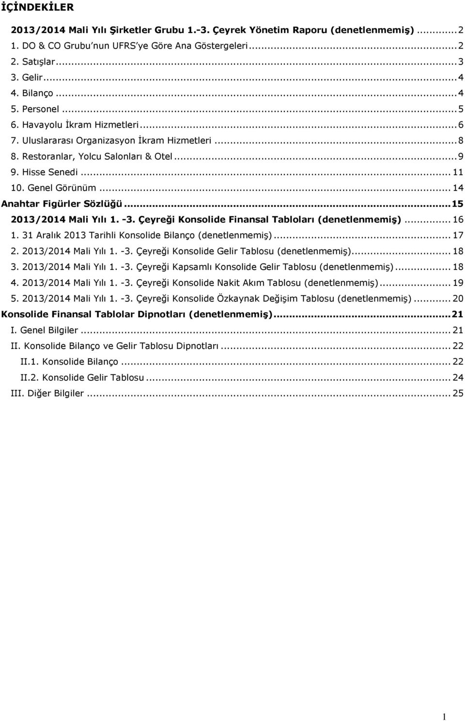 .. 14 Anahtar Figürler Sözlüğü...15 2013/2014 Mali Yılı 1. -3. Çeyreği Konsolide Finansal Tabloları (denetlenmemiş)... 16 1. 31 Aralık 2013 Tarihli Konsolide Bilanço (denetlenmemiş)... 17 2.