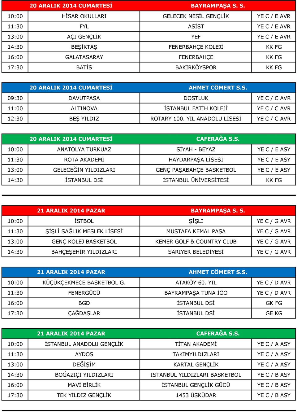 17:30 BATİS BAKIRKÖYSPOR KK FG 20 ARALIK 2014 CUMARTESİ AHMET CÖMERT S.S. 09:30 DAVUTPAŞA DOSTLUK YE C / C AVR 11:00 ALTINOVA İSTANBUL FATİH KOLEJİ YE C / C AVR 12:30 BEŞ YILDIZ ROTARY 100.