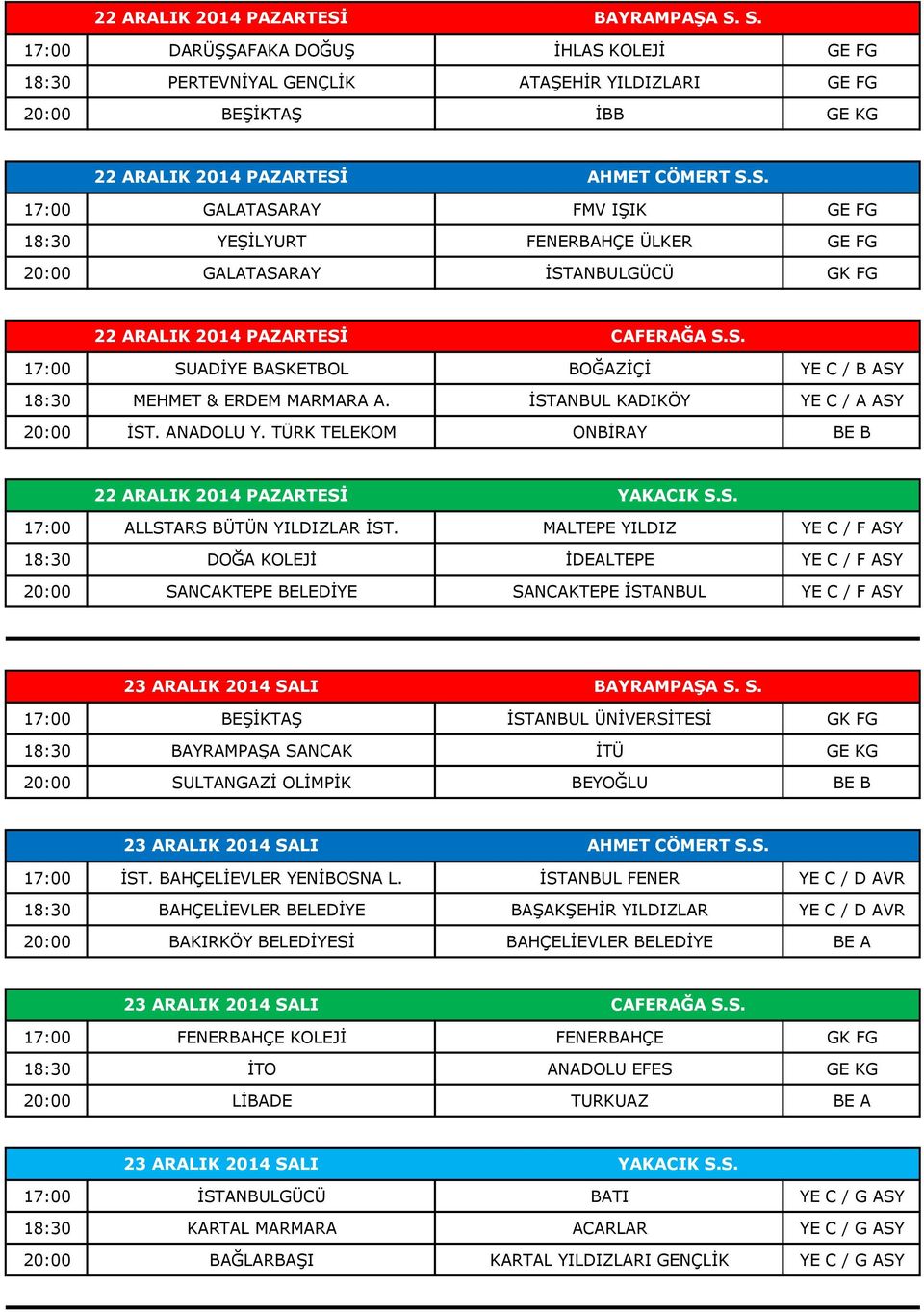 İSTANBUL KADIKÖY YE C / A ASY 20:00 İST. ANADOLU Y. TÜRK TELEKOM ONBİRAY BE B 22 ARALIK 2014 PAZARTESİ YAKACIK S.S. 17:00 ALLSTARS BÜTÜN YILDIZLAR İST.