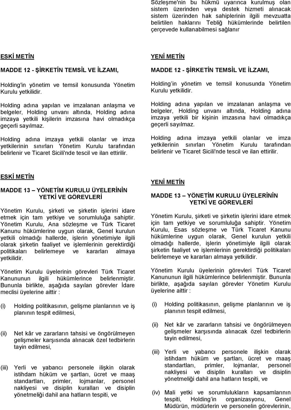 Holding adına yapılan ve imzalanan anlaşma ve belgeler, Holding unvanı altında, Holding adına imzaya yetkili kişilerin imzasına havi olmadıkça geçerli sayılmaz.