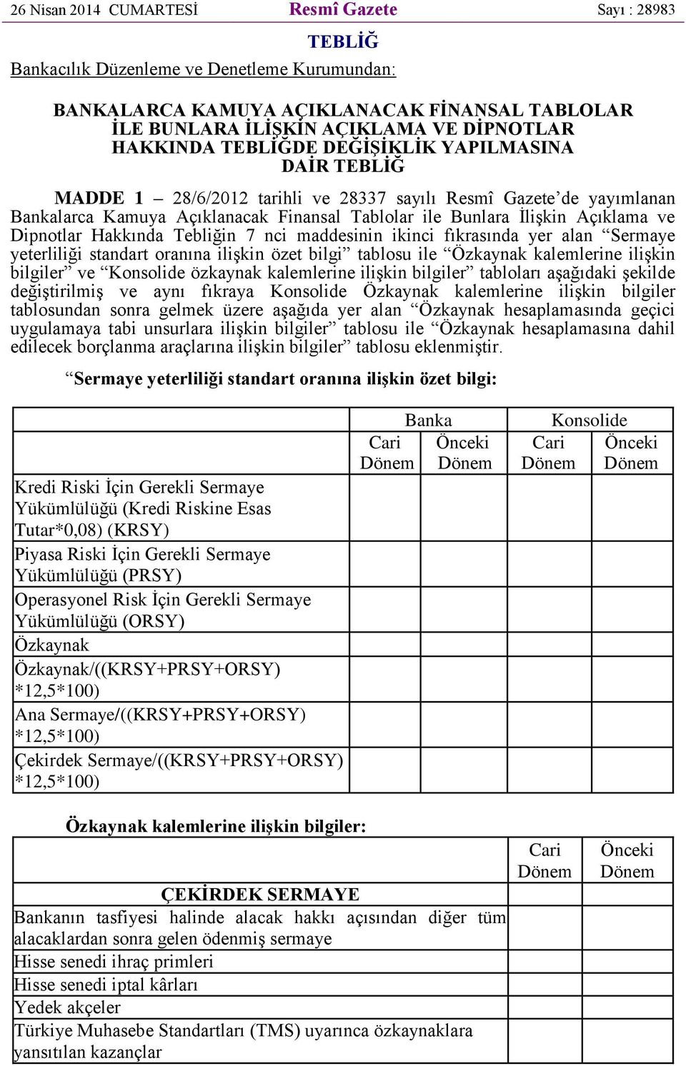 ve Dipnotlar Hakkında Tebliğin 7 nci maddesinin ikinci fıkrasında yer alan Sermaye yeterliliği standart oranına ilişkin özet bilgi tablosu ile Özkaynak kalemlerine ilişkin bilgiler ve Konsolide