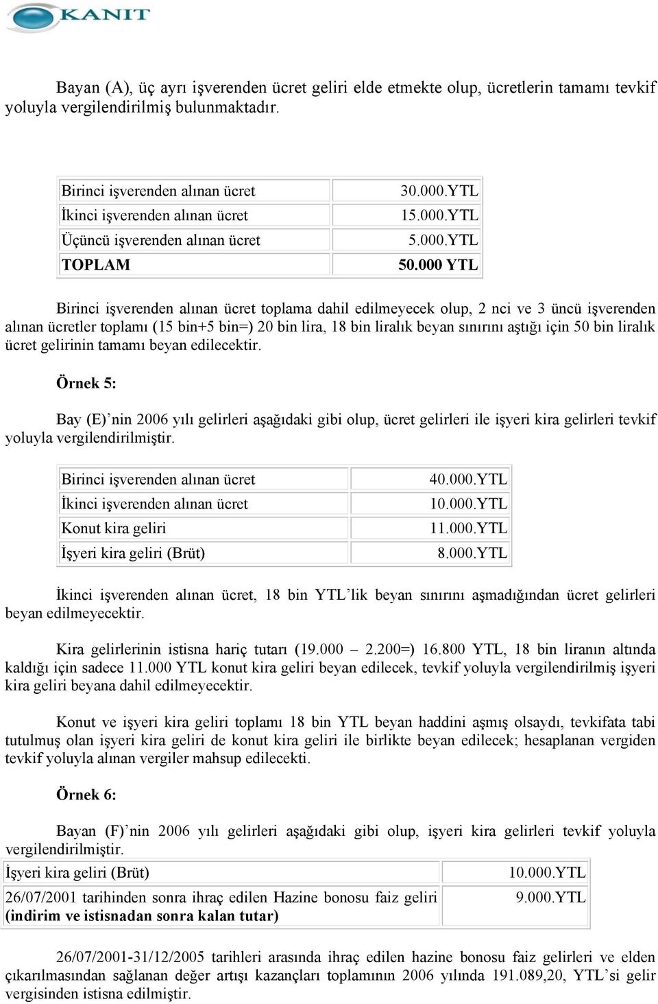 000 YTL Birinci işverenden alınan ücret toplama dahil edilmeyecek olup, 2 nci ve 3 üncü işverenden alınan ücretler toplamı (15 bin+5 bin=) 20 bin lira, 18 bin liralık beyan sınırını aştığı için 50