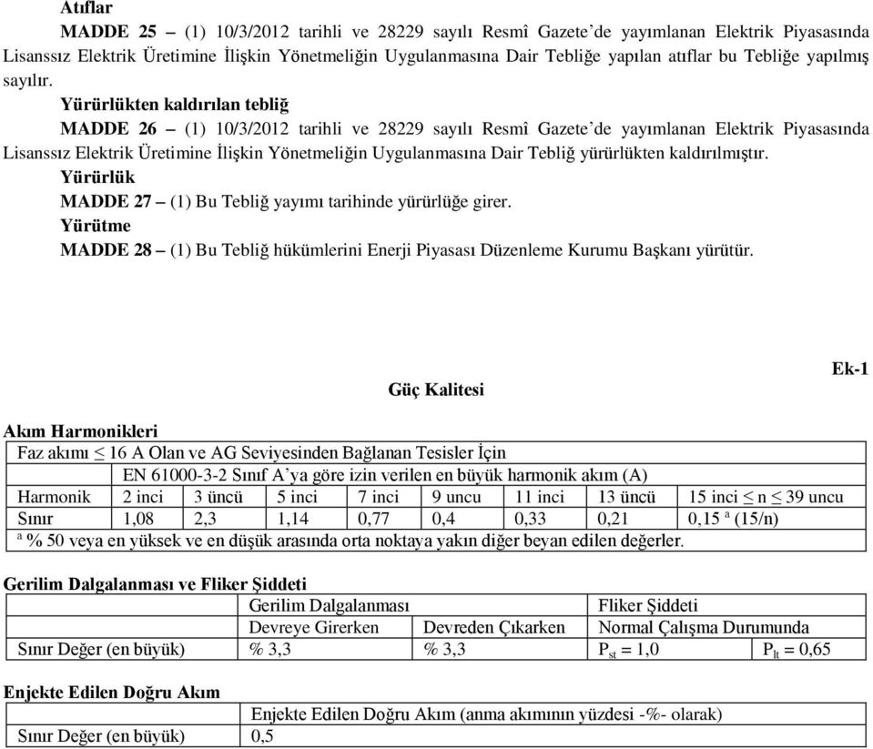 Yürürlükten kaldırılan tebliğ MADDE 26 (1) 10/3/2012 tarihli ve 28229 sayılı Resmî Gazete de yayımlanan Elektrik Piyasasında Lisanssız Elektrik Üretimine İlişkin Yönetmeliğin Uygulanmasına Dair