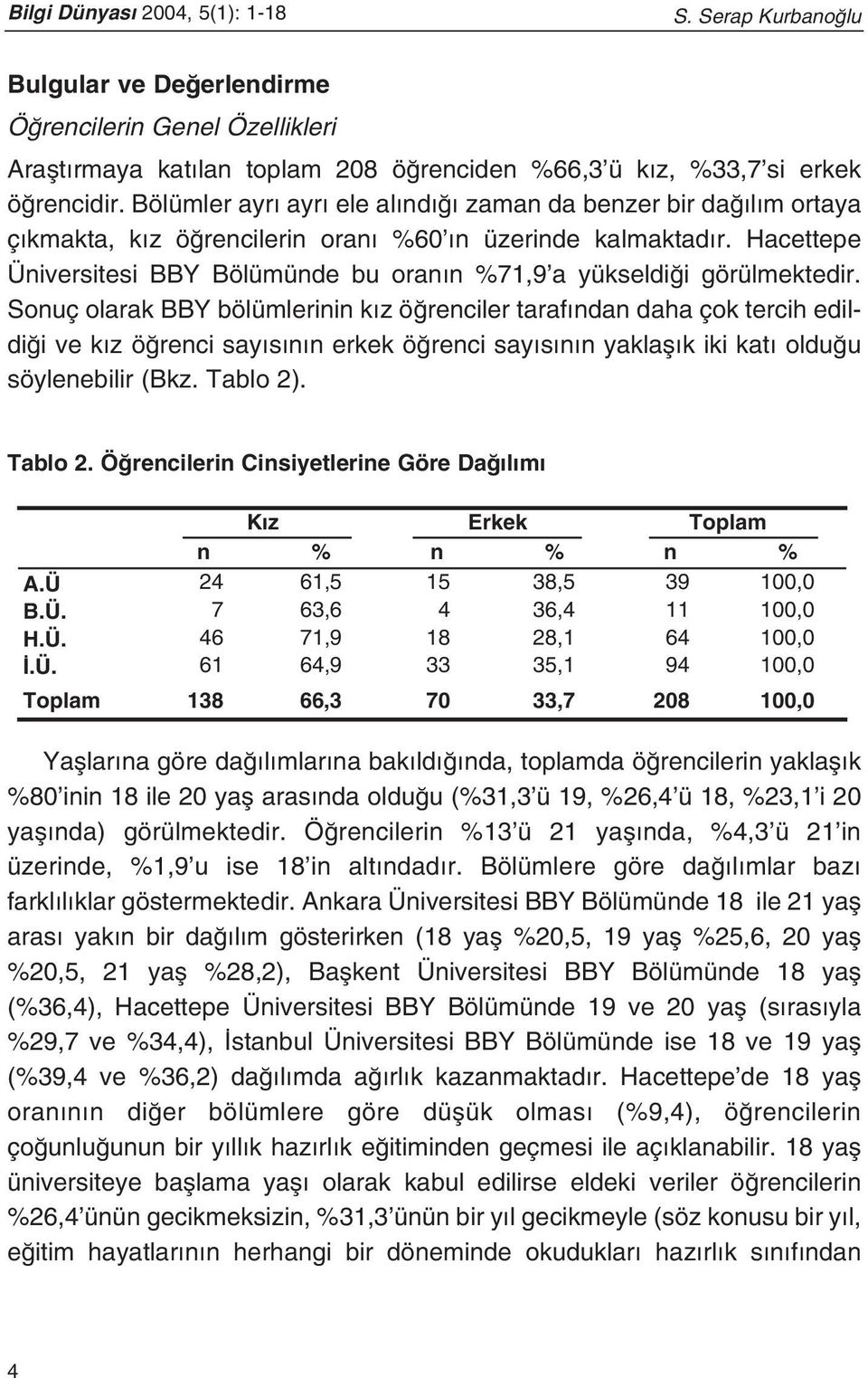 Hacettepe Üniversitesi BBY Bölümünde bu oran n %71,9 a yükseldi i görülmektedir.