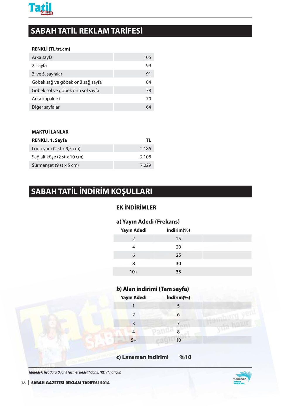 Sayfa TL Logo yanı (2 st x 9,5 cm) 2.185 Sağ alt köşe (2 st x 10 cm) 2.108 Sürmanşet (9 st x 5 cm) 7.