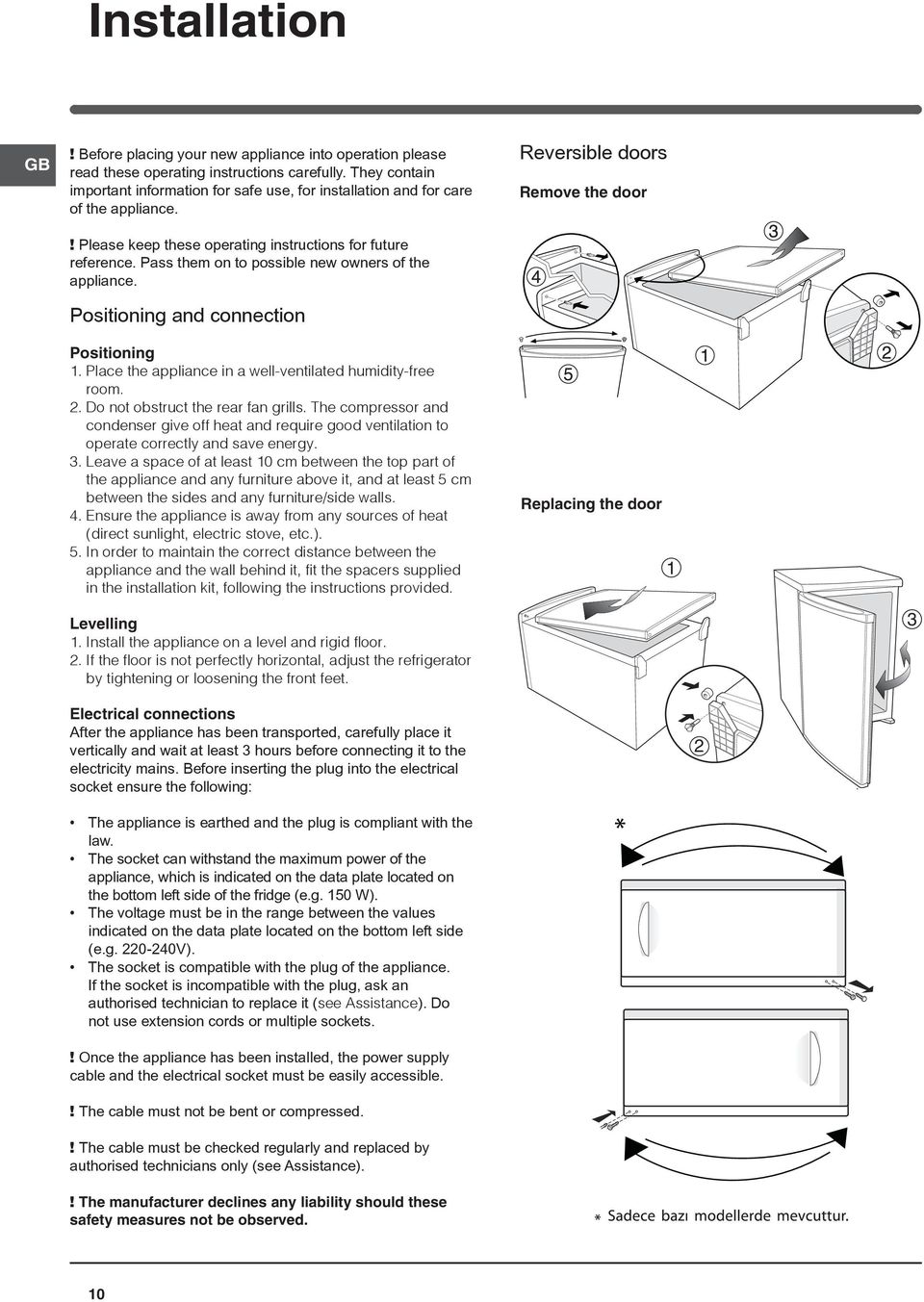 Pass them on to possible new owners of the appliance. Positioning and connection Positioning 1. Place the appliance in a well-ventilated humidity-free room. 2. Do not obstruct the rear fan grills.