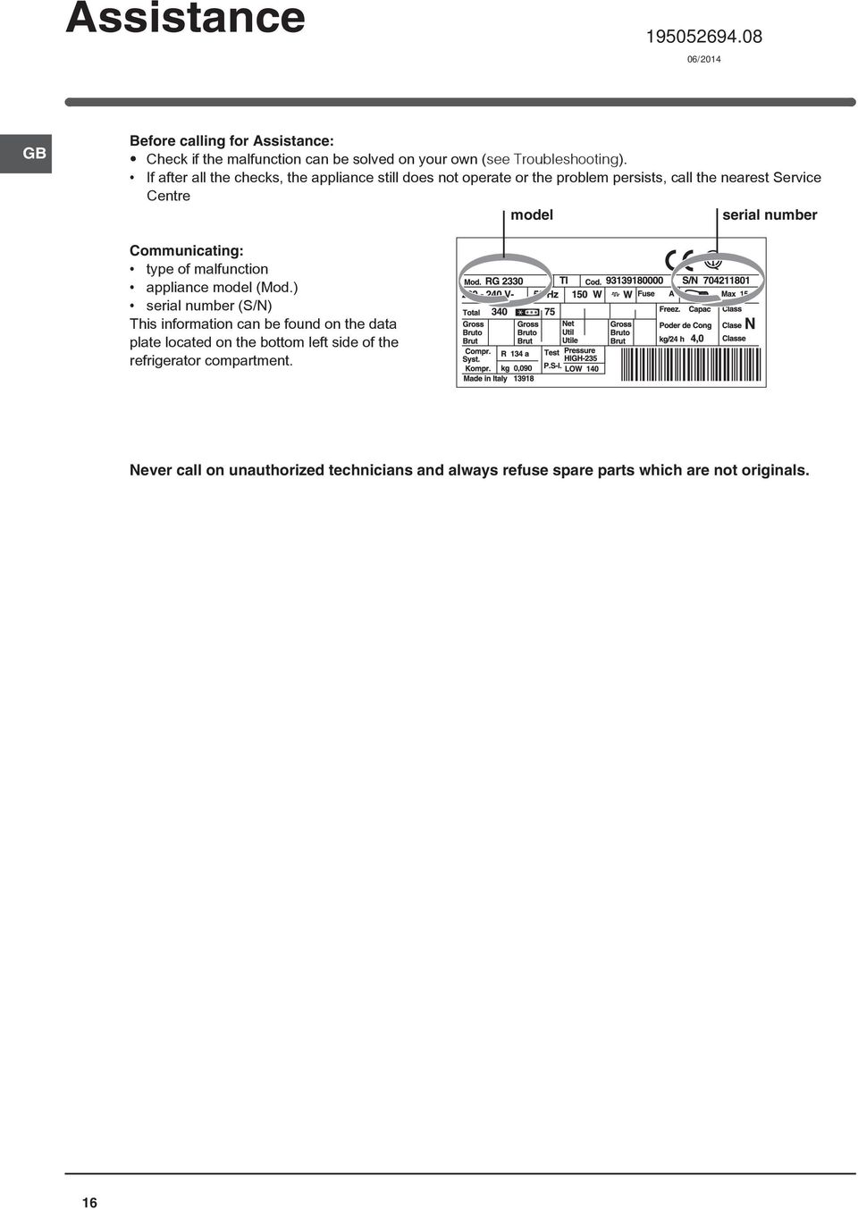 Communicating: type of malfunction appliance model (Mod.