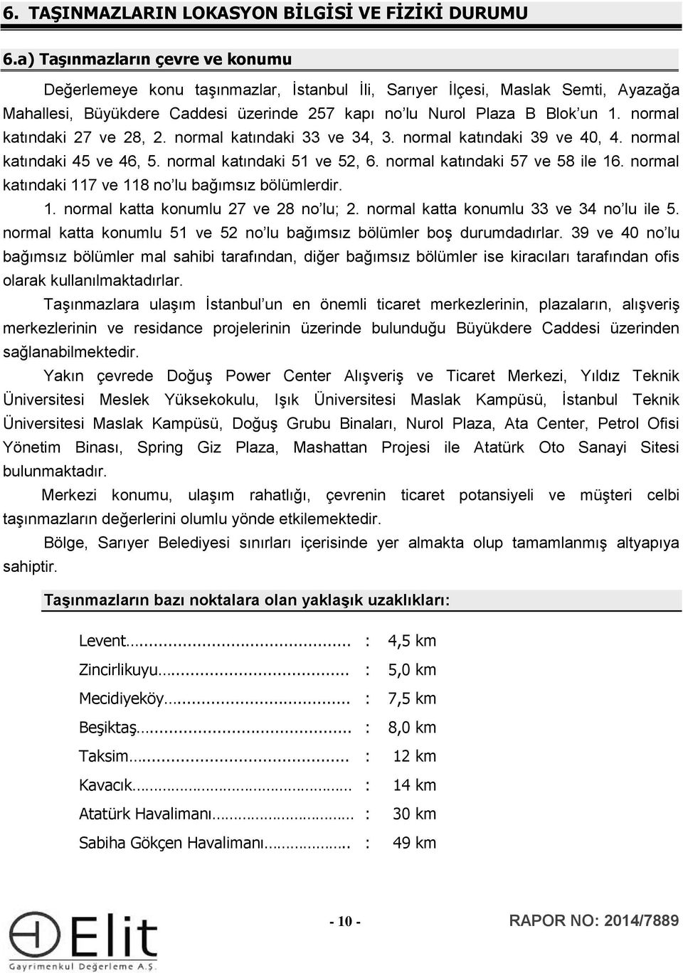 normal katındaki 27 ve 28, 2. normal katındaki 33 ve 34, 3. normal katındaki 39 ve 40, 4. normal katındaki 45 ve 46, 5. normal katındaki 51 ve 52, 6. normal katındaki 57 ve 58 ile 16.