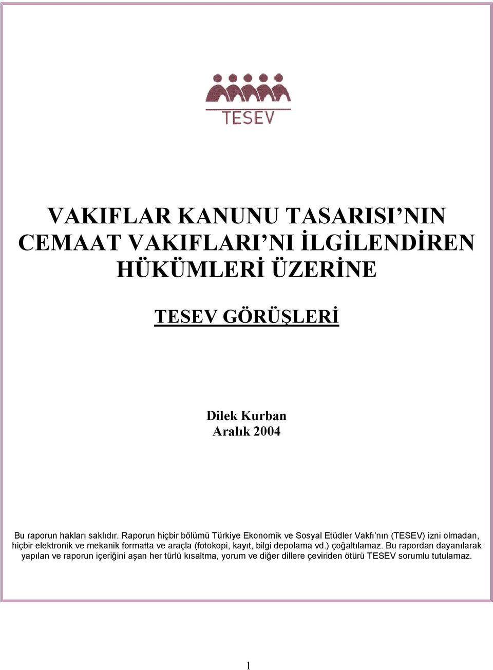 Raporun hiçbir bölümü Türkiye Ekonomik ve Sosyal Etüdler Vakfı nın (TESEV) izni olmadan, hiçbir elektronik ve mekanik