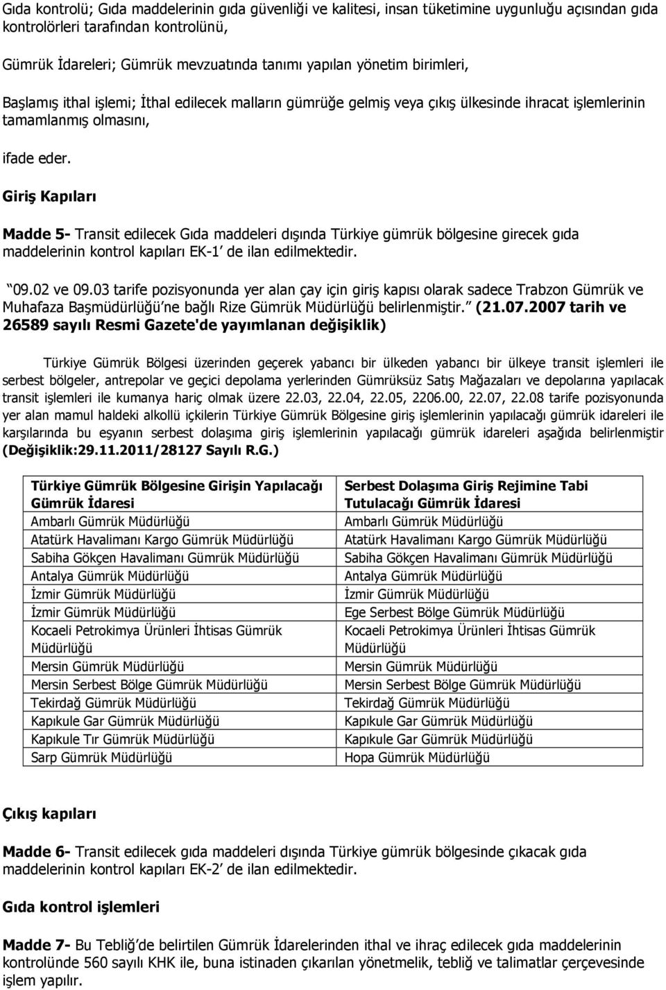 Giriş Kapıları Madde 5- Transit edilecek Gıda maddeleri dışında Türkiye gümrük bölgesine girecek gıda maddelerinin kontrol kapıları EK-1 de ilan edilmektedir. 09.02 ve 09.