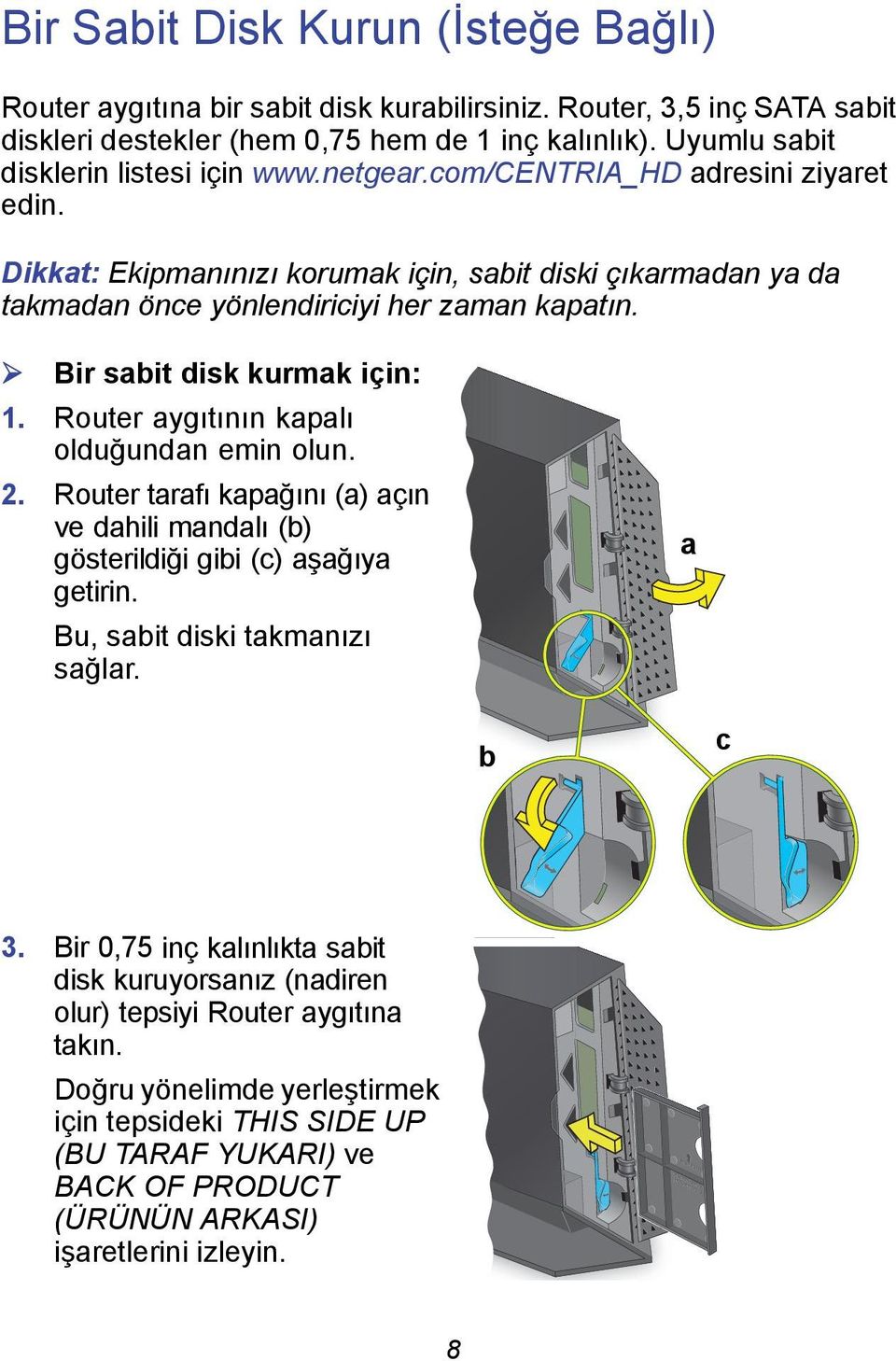 Bir sabit disk kurmak için: 1. Router aygıtının kapalı olduğundan emin olun. 2. Router tarafı kapağını (a) açın ve dahili mandalı (b) gösterildiği gibi (c) aşağıya getirin.