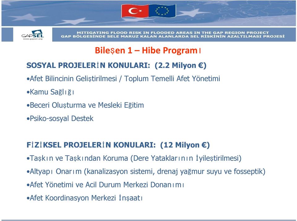 Mesleki Eğitim Psiko-sosyal Destek FİZİKSEL PROJELERİN KONULARI: (12 Milyon ) Taşkın ve Taşkından Koruma (Dere