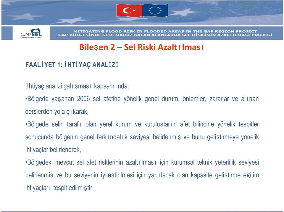 bölgenin genel farkındalık seviyesi belirlenmişve bunu geliştirmeye yönelik ihtiyaçlar belirlenerek, Bölgedeki mevcut sel afet risklerinin