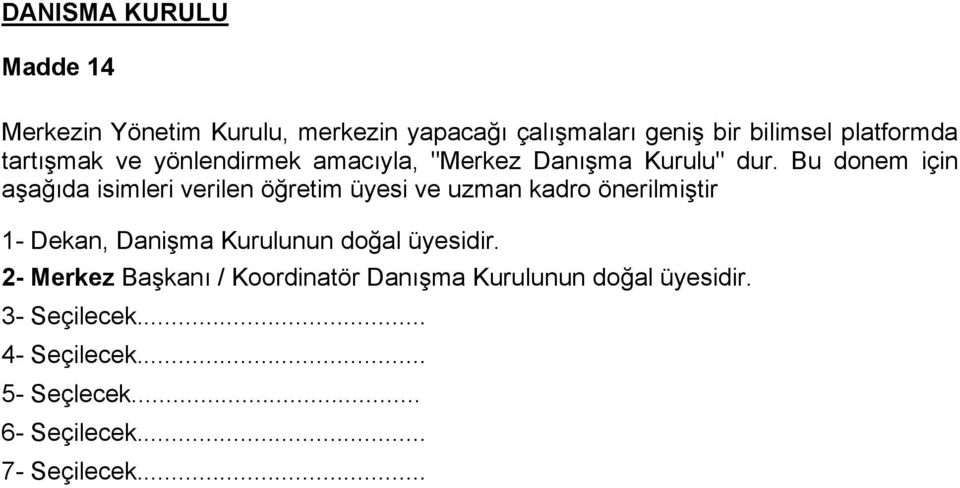 Bu donem için aşağıda isimleri verilen öğretim üyesi ve uzman kadro önerilmiştir 1- Dekan, Danişma Kurulunun