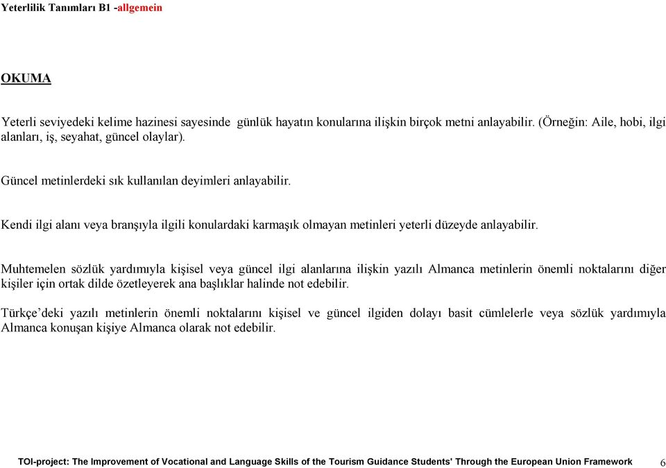 alanlarına ilişkin yazılı Almanca metinlerin önemli noktalarını diğer kişiler için ortak dilde özetleyerek ana başlıklar halinde not edebilir.