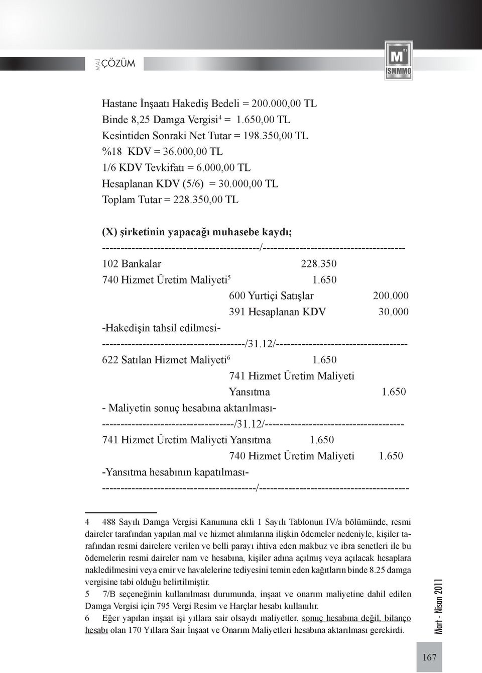 350,00 TL (X) şirketinin yapacağı muhasebe kaydı; -------------------------------------------/--------------------------------------- 102 Bankalar 228.350 740 Hizmet Üretim Maliyeti 5 1.