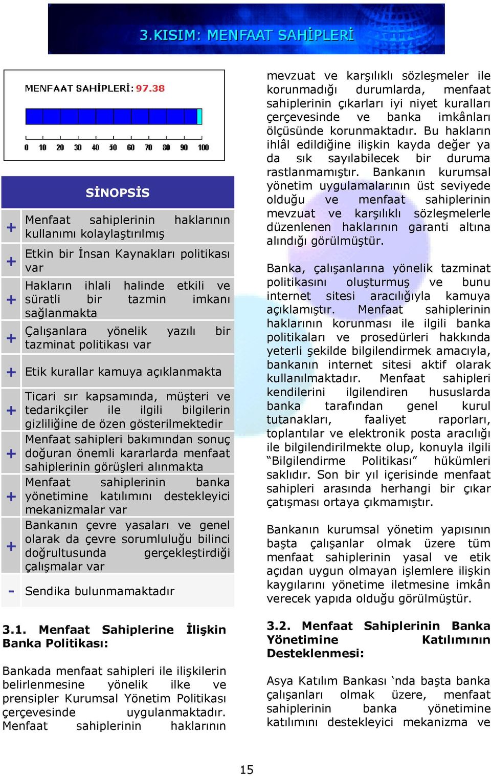 sahipleri bakımından sonuç doğuran önemli kararlarda menfaat sahiplerinin görüşleri alınmakta Menfaat sahiplerinin banka yönetimine katılımını destekleyici mekanizmalar var Bankanın çevre yasaları ve