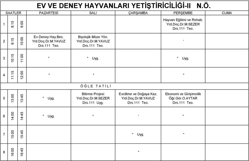 Uyg. : :00 :00 : Uyg. Bitirme Projesi Yrd.Doç.Dr.M.SEZER Drs. Uyg. Evciltme ve Doğaya Kaz. Yrd.Doç.Dr.M.YAVUZ Drs.