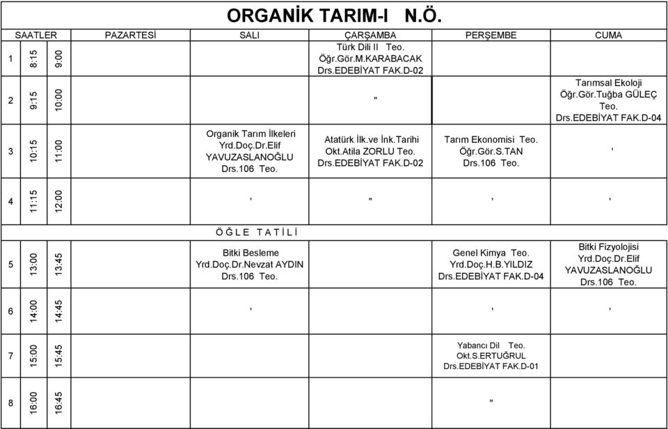 Öğr.Gör.S.TAN Drs.0 Teo. ' : :00 ' ' ' :00 : Bitki Besleme Yrd.Doç.Dr.Nevzat AYDIN Drs.0 Teo. Genel Kimya Teo. Yrd.Doç.H.B.YILDIZ Drs.EDEBİYAT FAK.