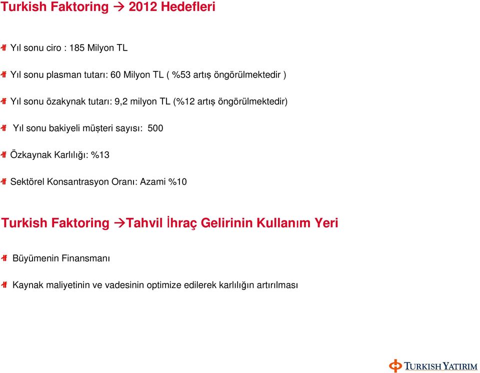 sayısı: 500 Özkaynak Karlılığı: %13 Sektörel Konsantrasyon Oranı: Azami %10 Turkish Faktoring Tahvil İhraç