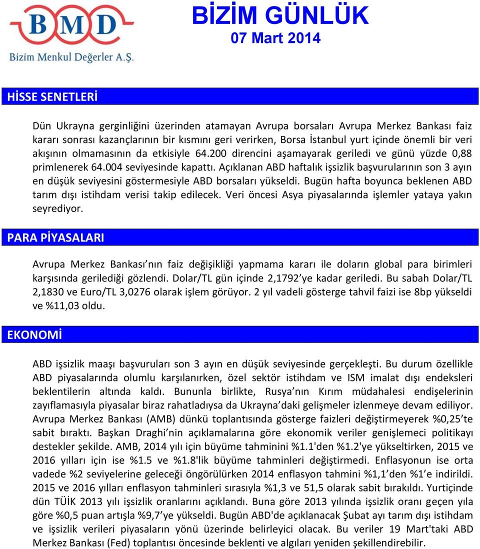 Açıklanan ABD haftalık işsizlik başvurularının son 3 ayın en düşük seviyesini göstermesiyle ABD borsaları yükseldi. Bugün hafta boyunca beklenen ABD tarım dışı istihdam verisi takip edilecek.