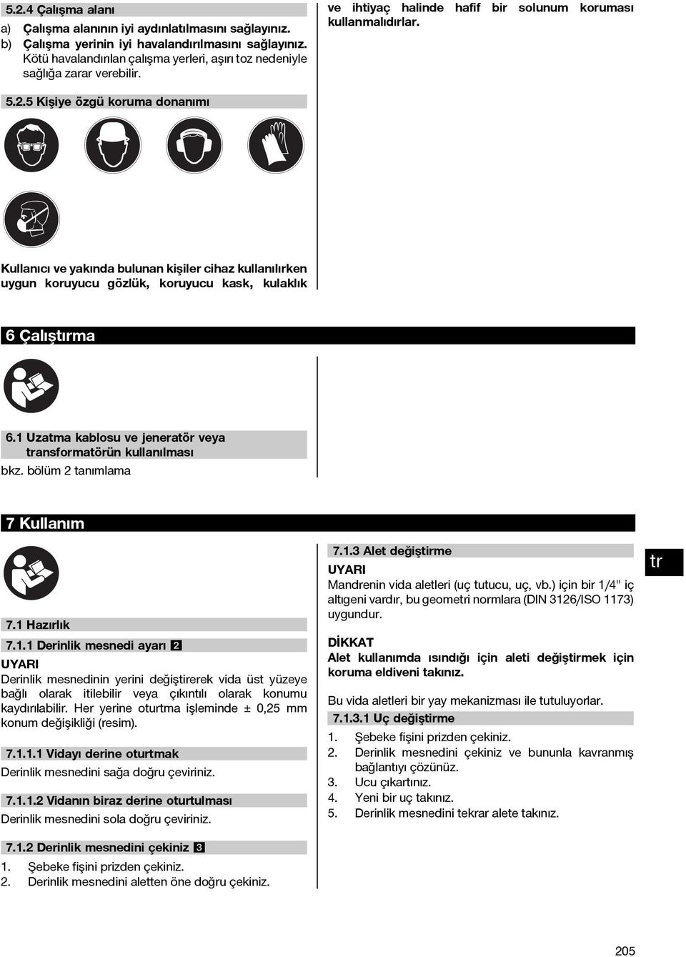 5 Kişiye özgü koruma donanımı Kullanıcı ve yakında bulunan kişiler cihaz kullanılırken uygun koruyucu gözlük, koruyucu kask, kulaklık 6Çalıştırma 6.