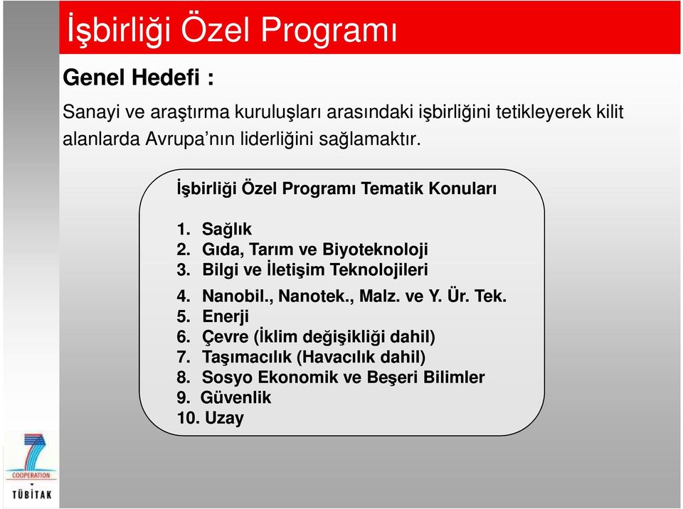 Gıda, Tarım ve Biyoteknoloji 3. Bilgi ve Đletişim Teknolojileri 4. Nanobil., Nanotek., Malz. ve Y. Ür. Tek. 5.