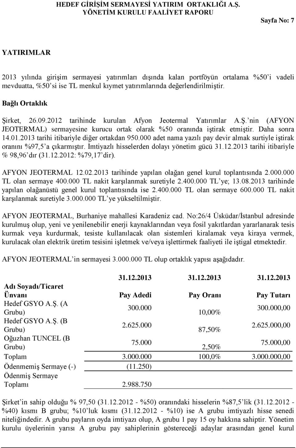 000 adet nama yazılı pay devir almak surtiyle iştirak oranını %97,5 a çıkarmıştır. İmtiyazlı hisselerden dolayı yönetim gücü 31.12.2013 tarihi itibariyle % 98,96 dır (31.12.2012: %79,17 dir).