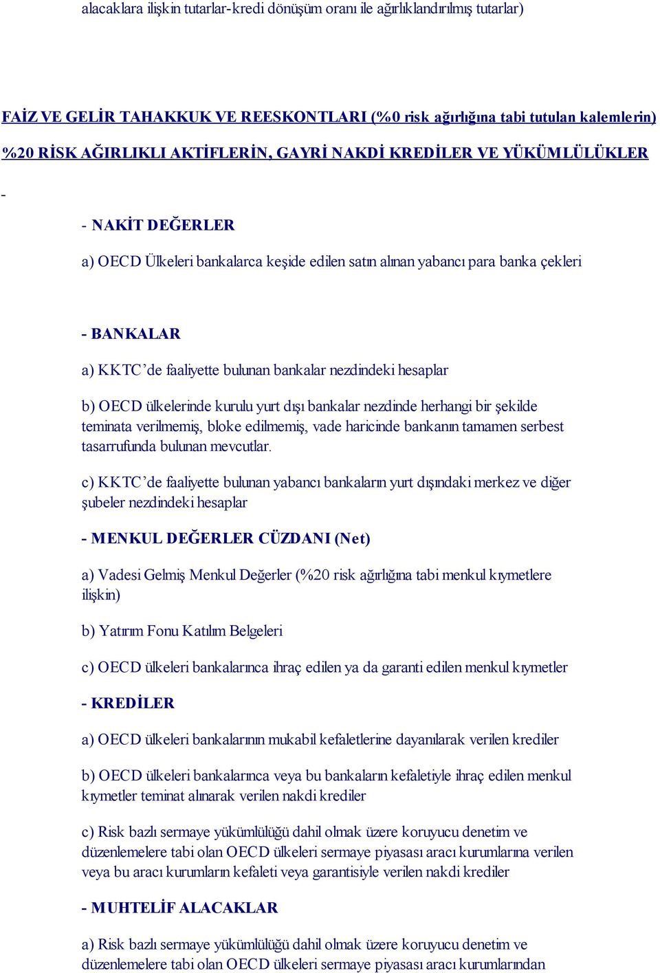 hesaplar b) OECD ülkelerinde kurulu yurt dışı bankalar nezdinde herhangi bir şekilde teminata verilmemiş, bloke edilmemiş, vade haricinde bankanın tamamen serbest tasarrufunda bulunan mevcutlar.